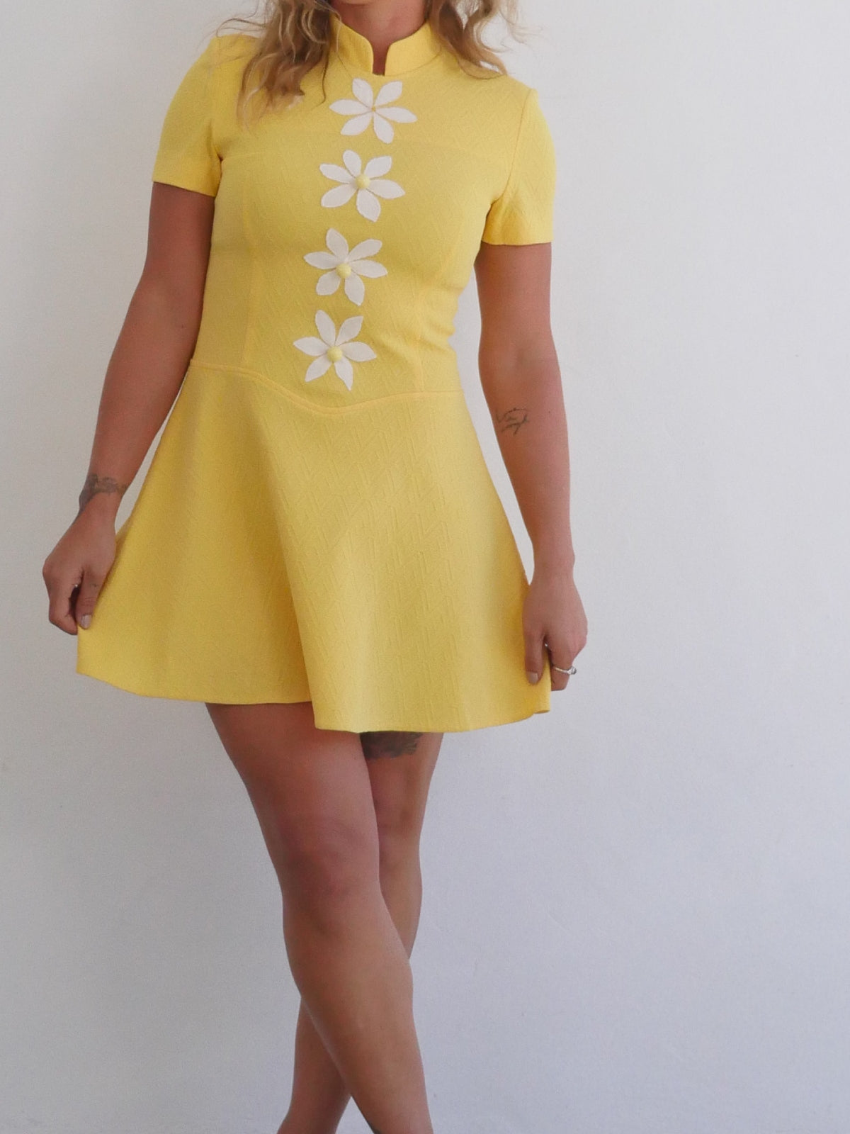 Bright Yellow Mini Vintage Dress with White Flowers and Decorative Buttons