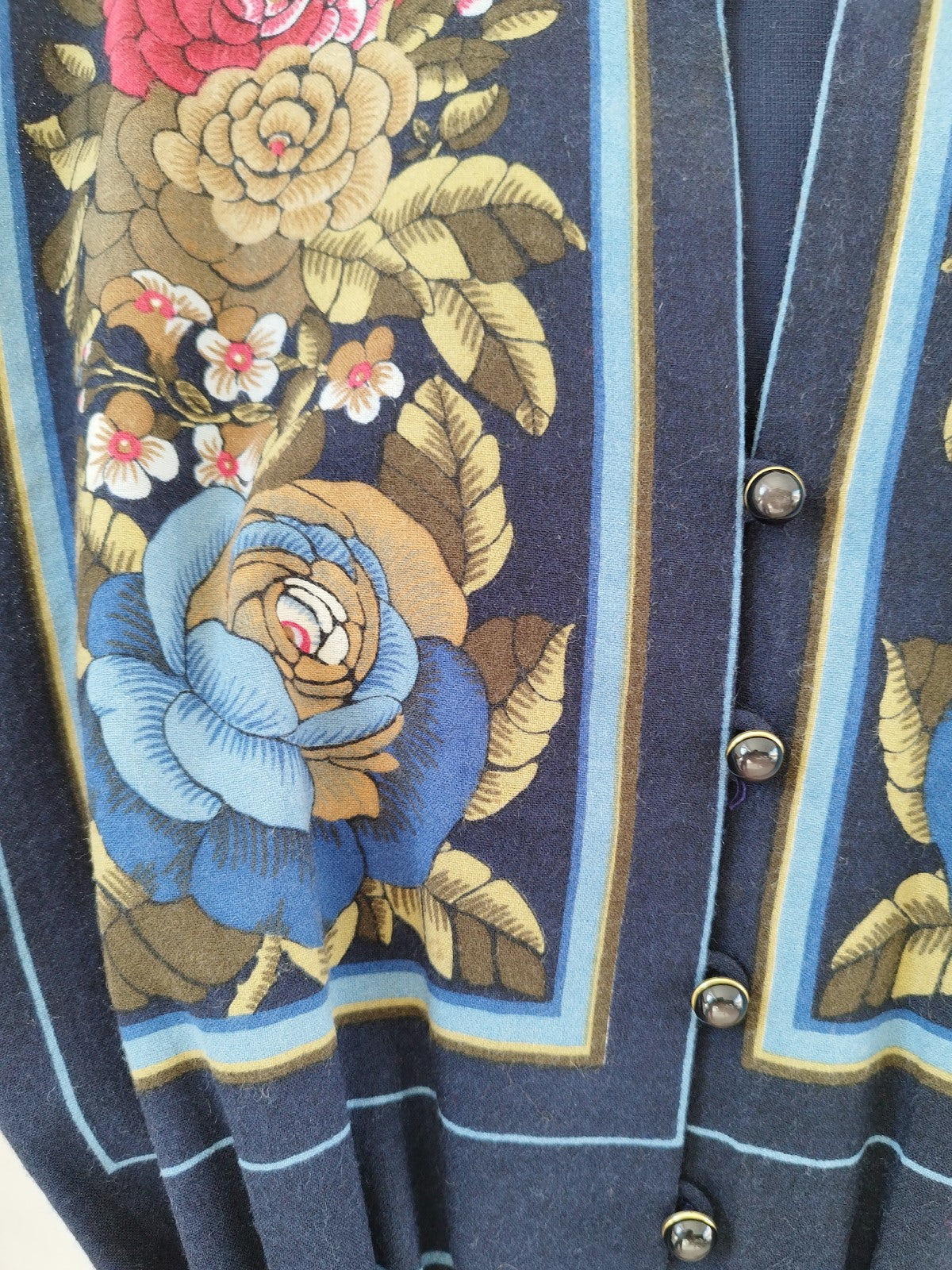 D. Molho 70s Dark Blue Short Sleeve Blouse with Floral Print