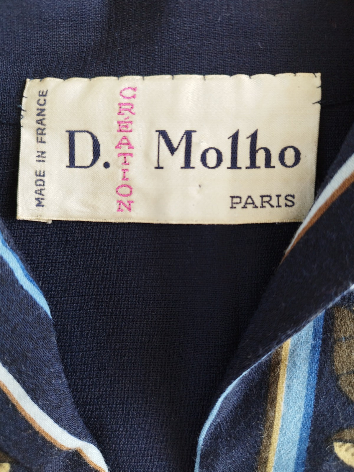 D. Molho 70s Dark Blue Short Sleeve Blouse with Floral Print