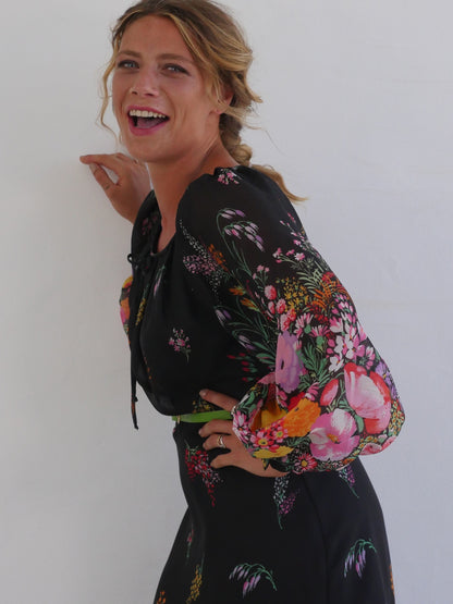 70s Vintage Black Maxi Floral Dress