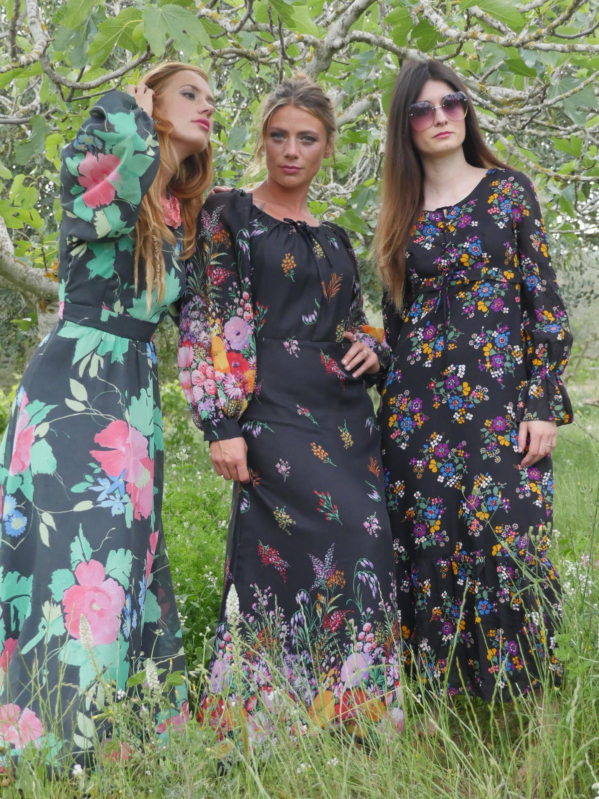 70s Vintage Black Maxi Floral Dress