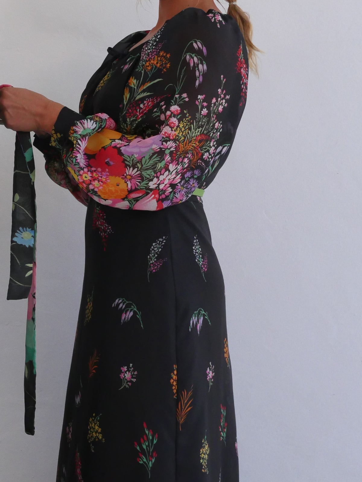 70s Vintage Black Maxi Floral Dress