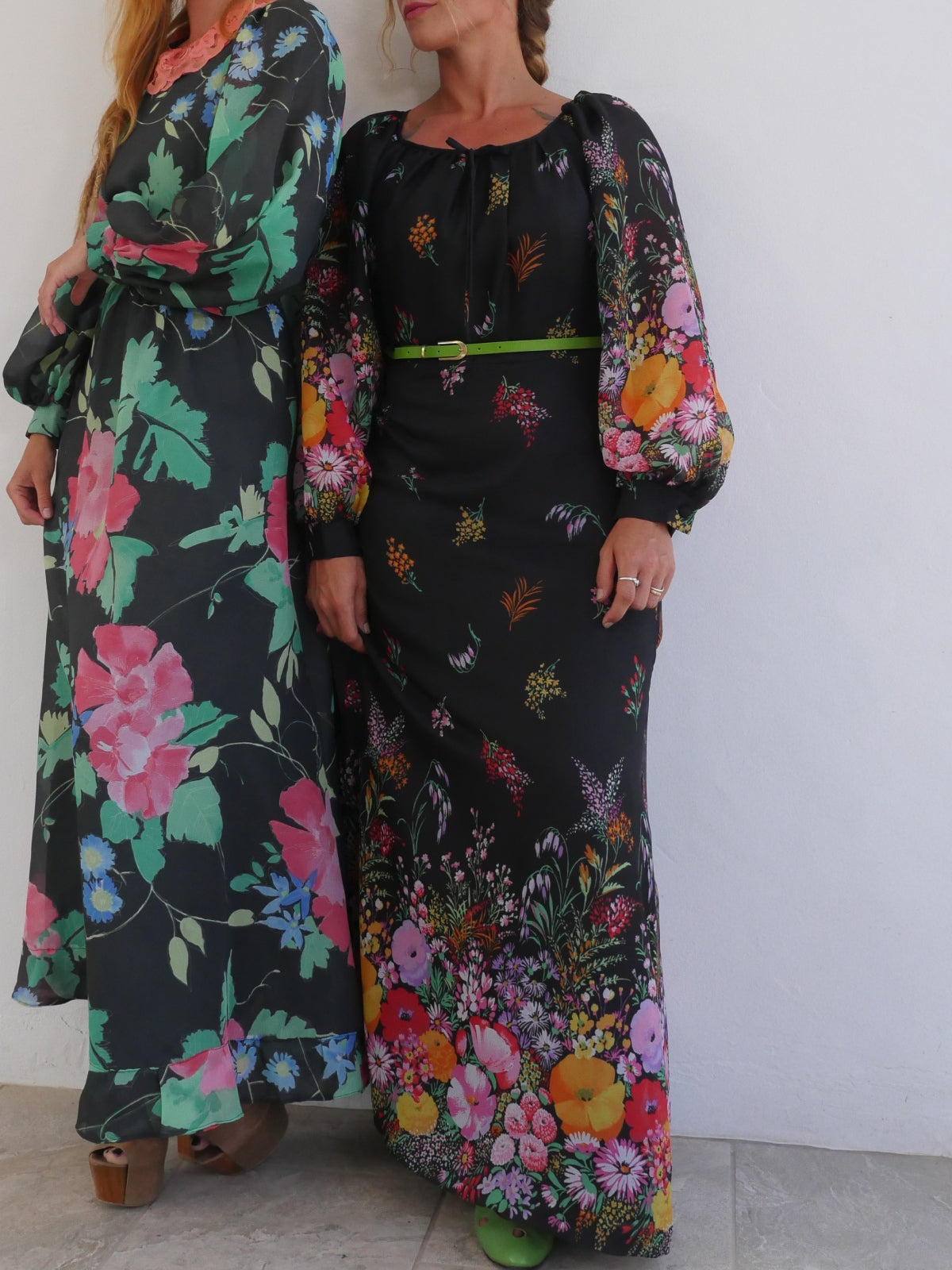 70s Vintage Black Maxi Floral Dress