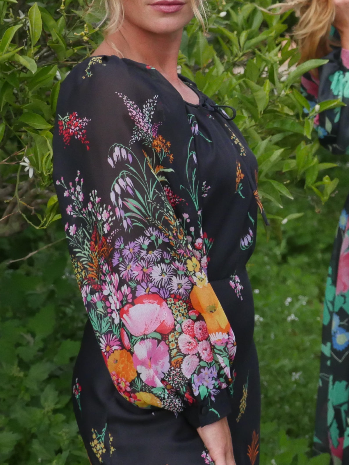 Detail of 70s Vintage Black Maxi Floral Dress