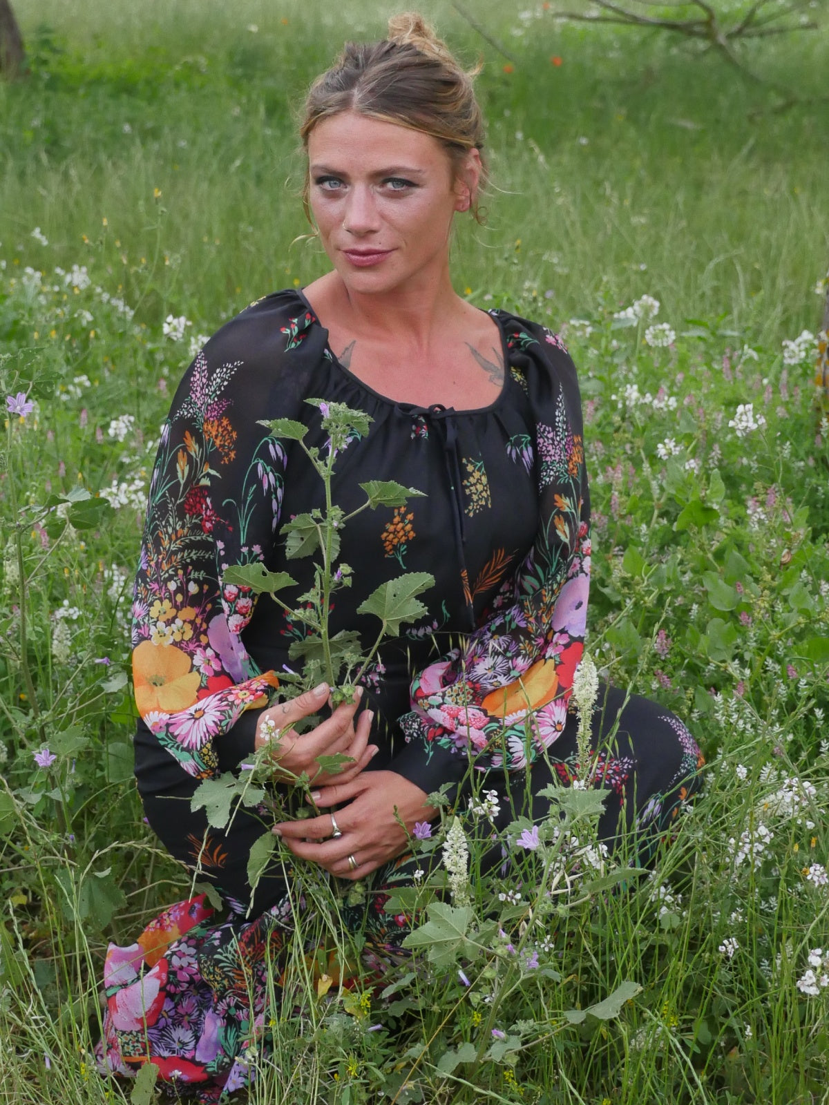70s Vintage Black Maxi Floral Dress