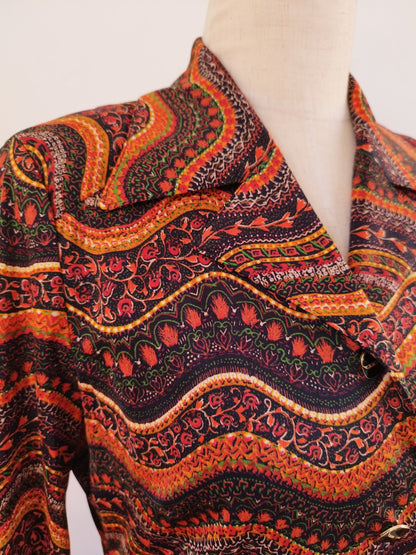 70s Midi Button Down Dress with Long Sleeves in Earthy Wavy Pattern