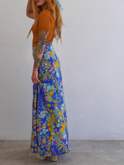 Maxi Vintage Skirt with Abstract Colorful Floral Print