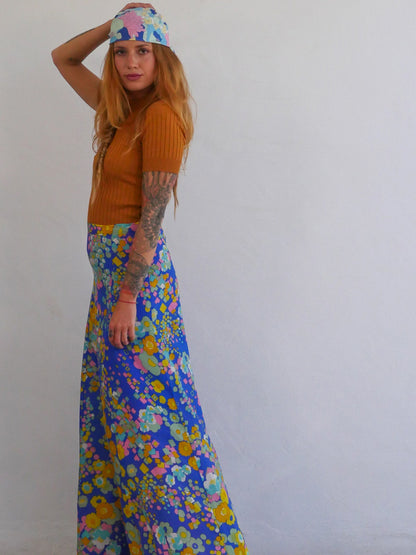 Maxi Vintage Skirt with Abstract Colorful Floral Print