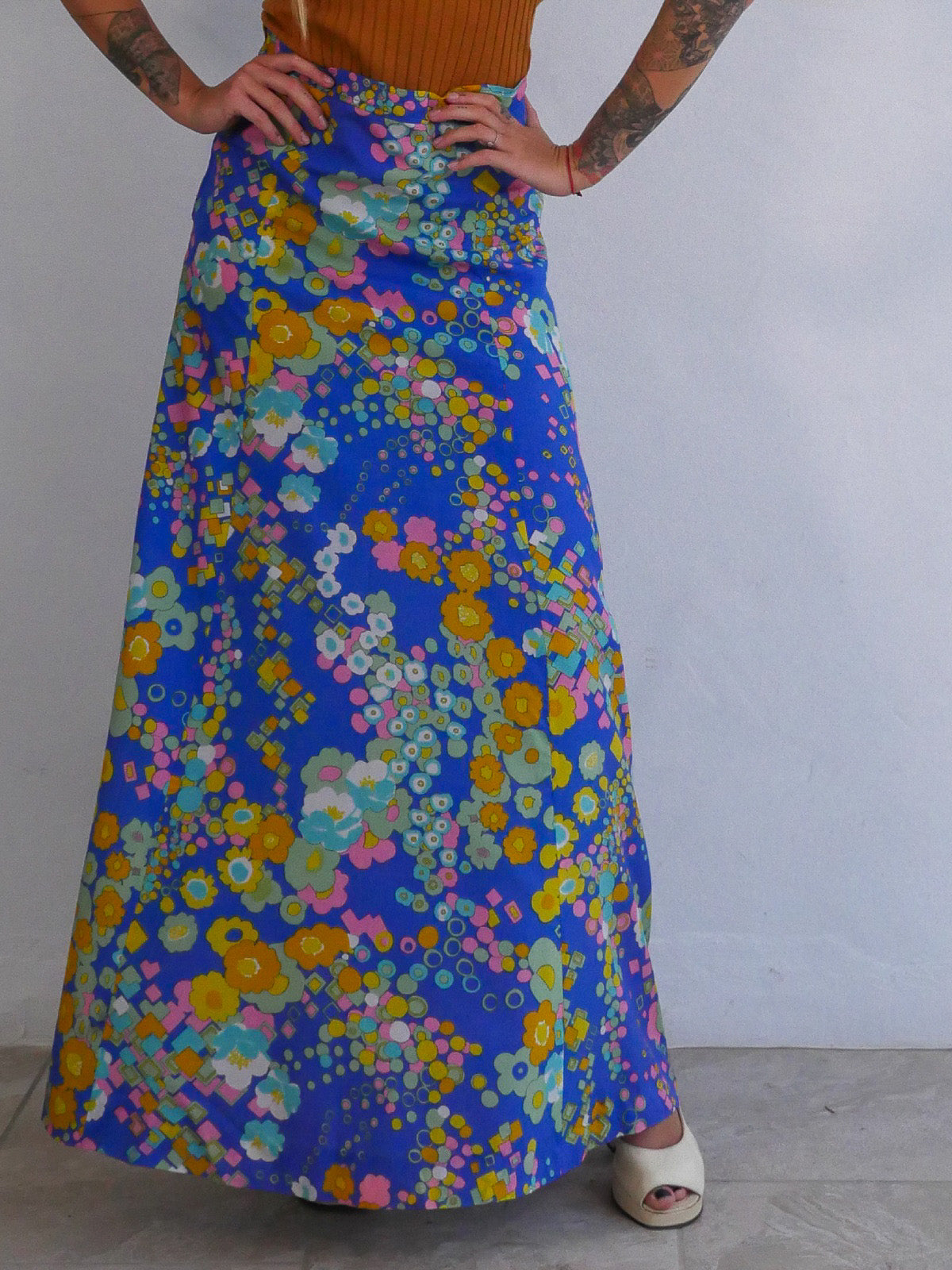 Maxi Vintage Skirt with Abstract Colorful Floral Print