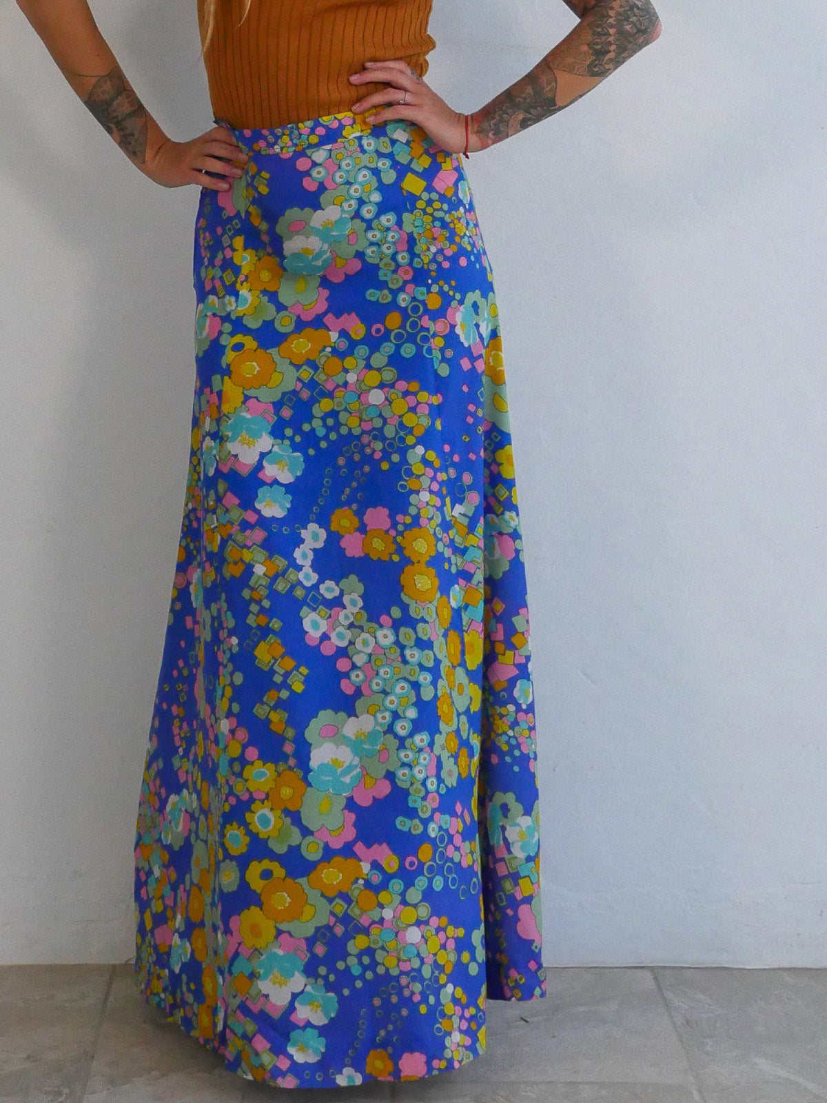 Maxi Vintage Skirt with Abstract Colorful Floral Print