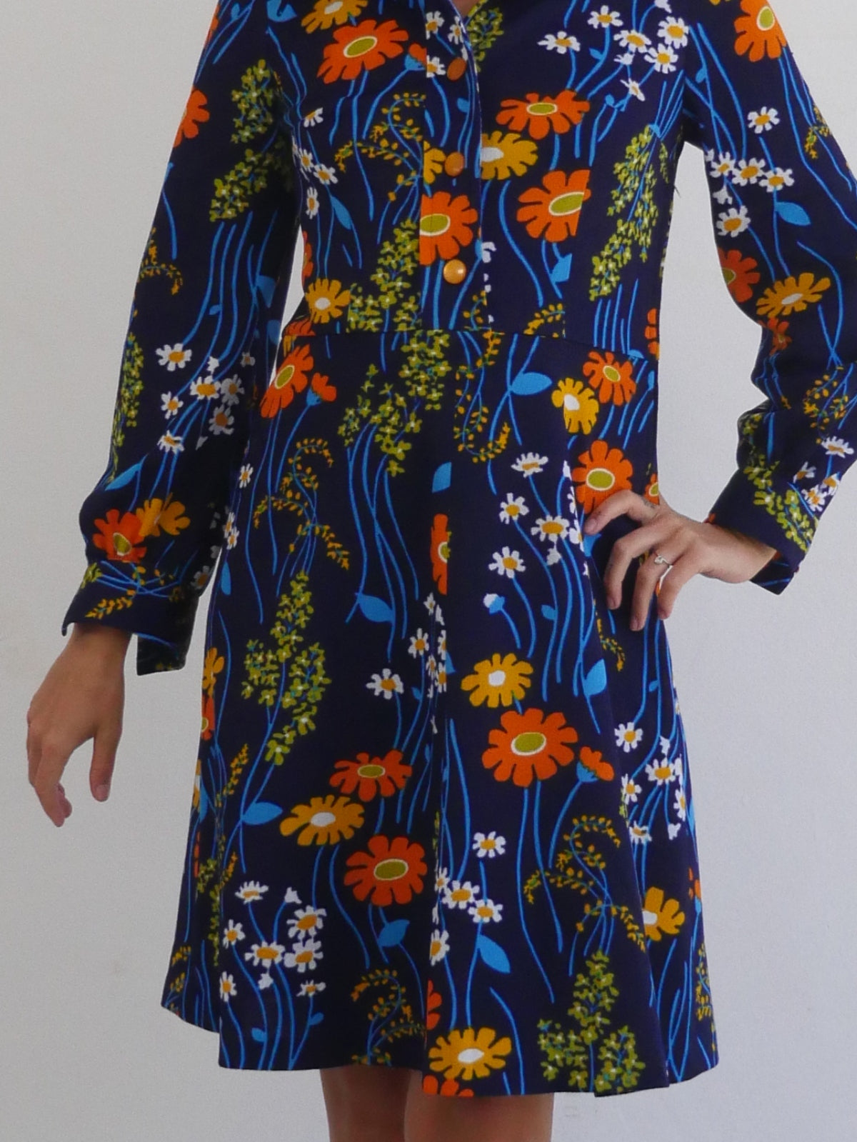 70s Vintage Dark Blue Dress with Bright Flower Print