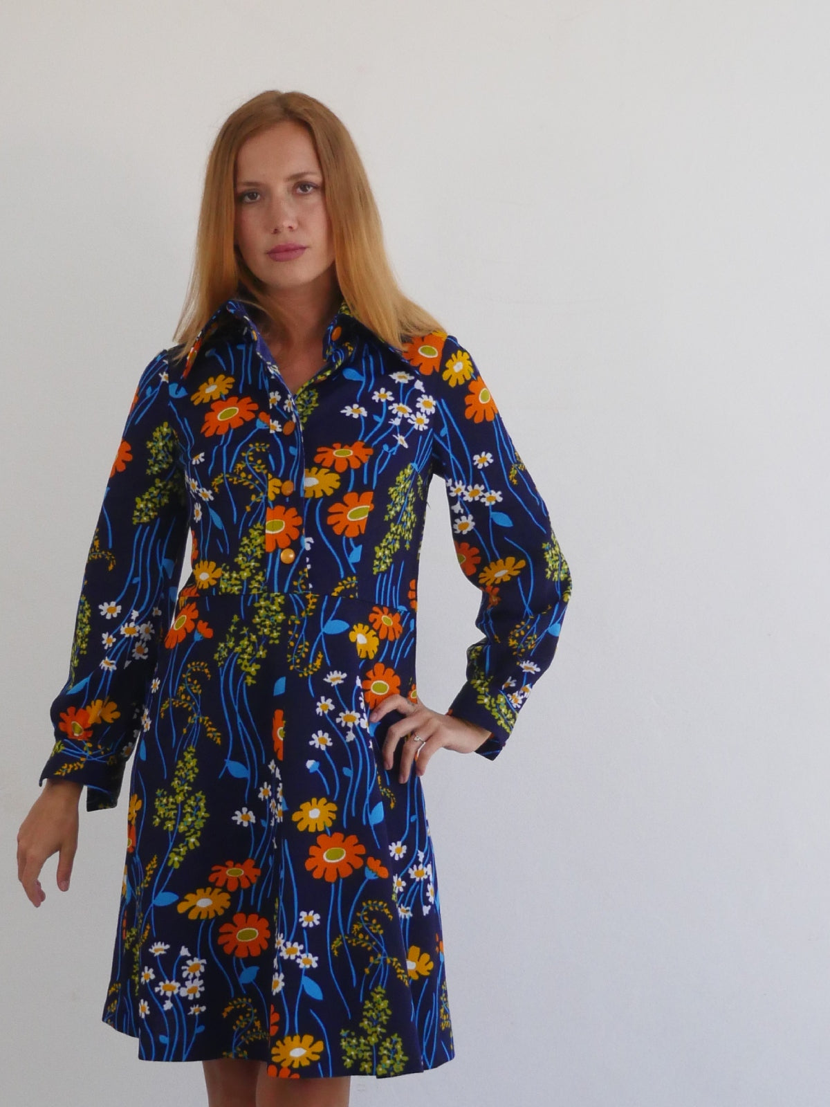 70s Vintage Dark Blue Dress with Bright Flower Print