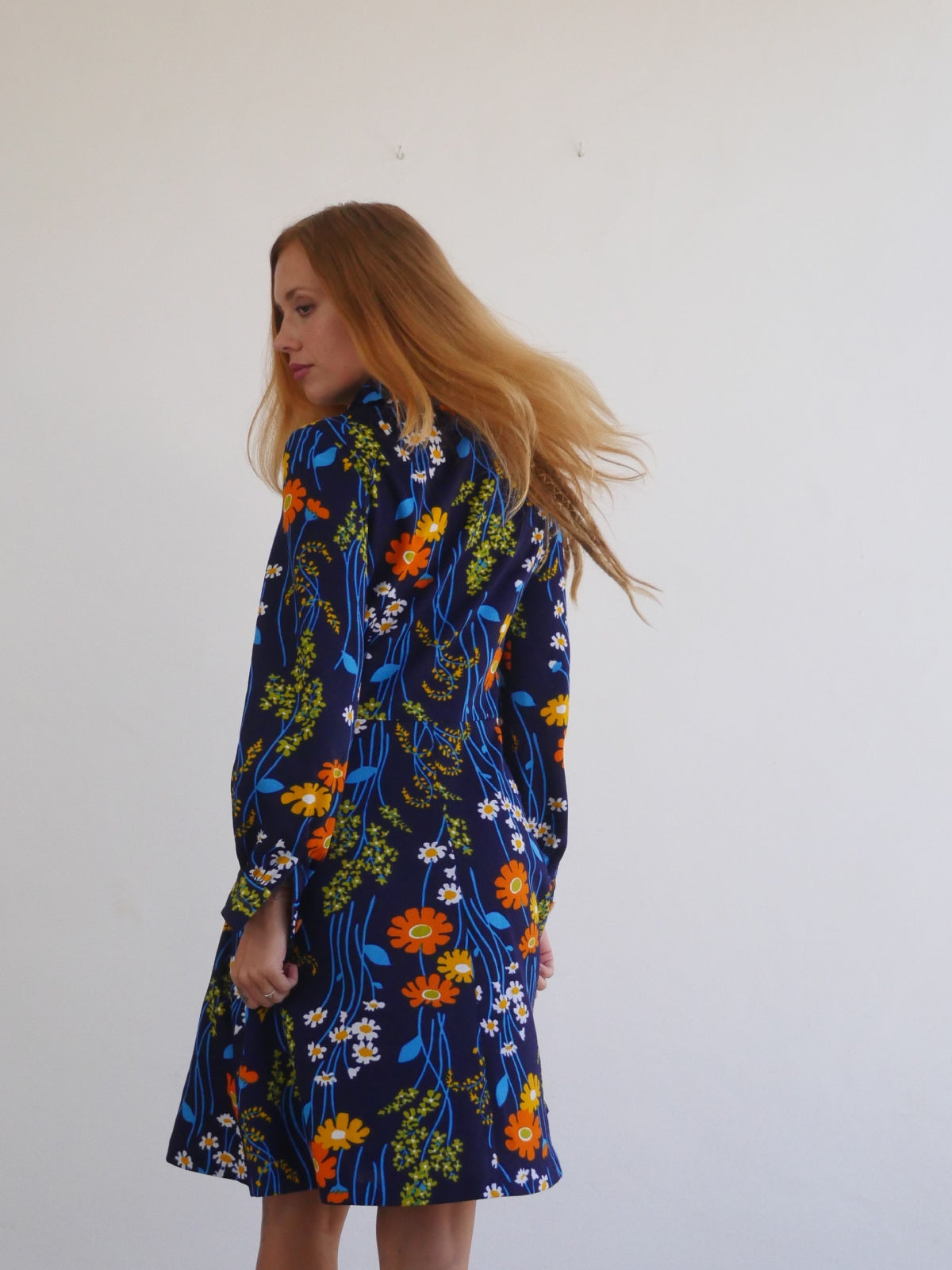 70s Vintage Dark Blue Dress with Bright Flower Print