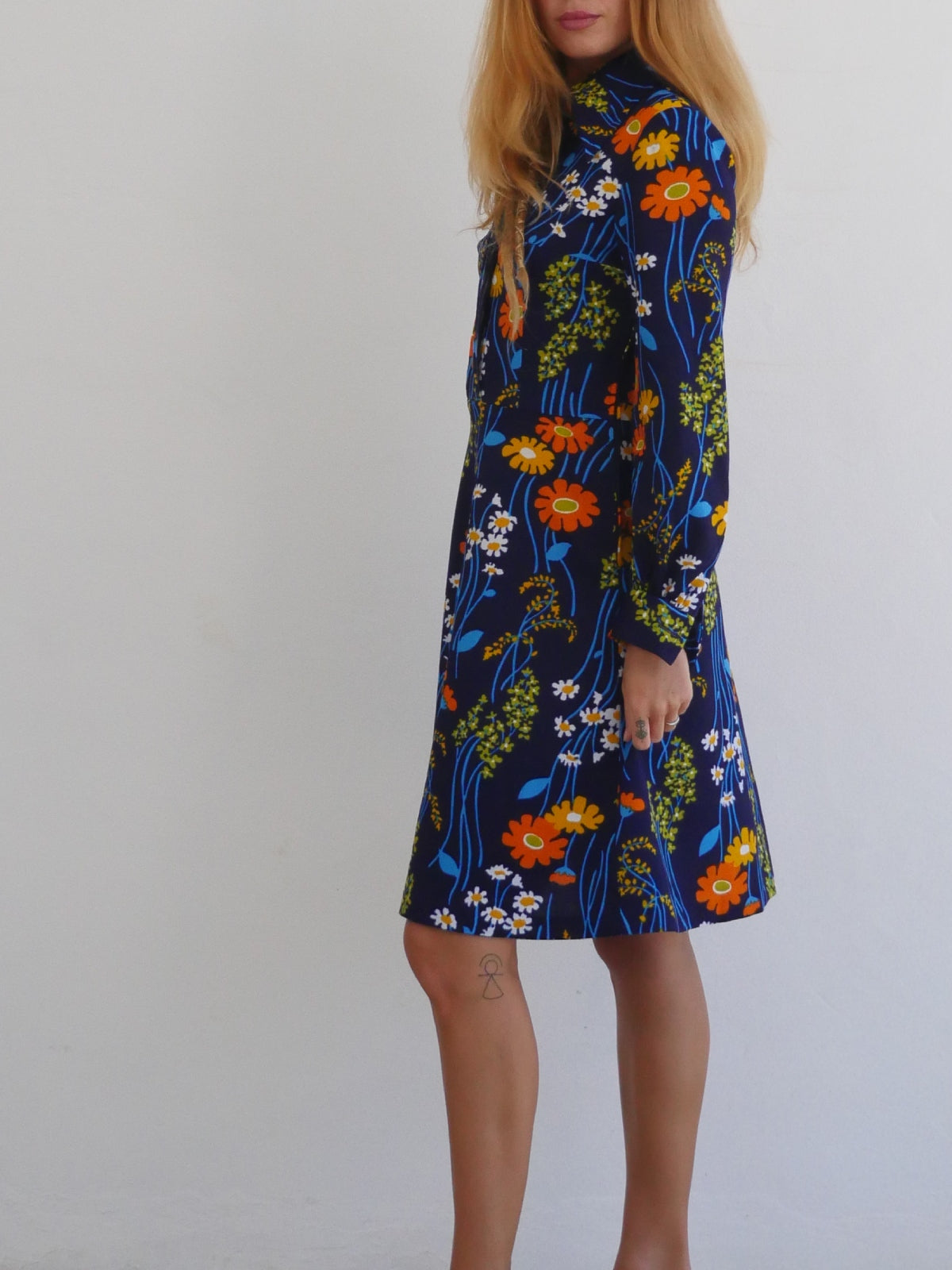 70s Vintage Dark Blue Dress with Bright Flower Print