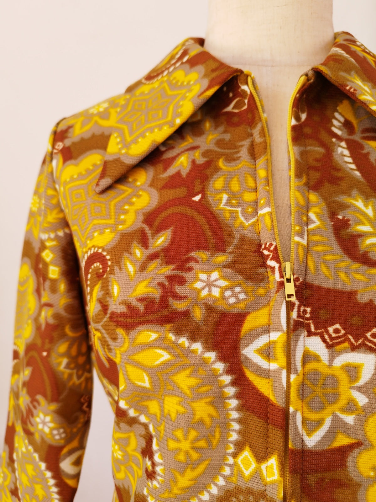 Long Sleeve Vintage Top with Mustard and Brown Paisley Print