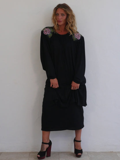 Black Vintage Tiered 80s Dress with Beaded Rose Applique