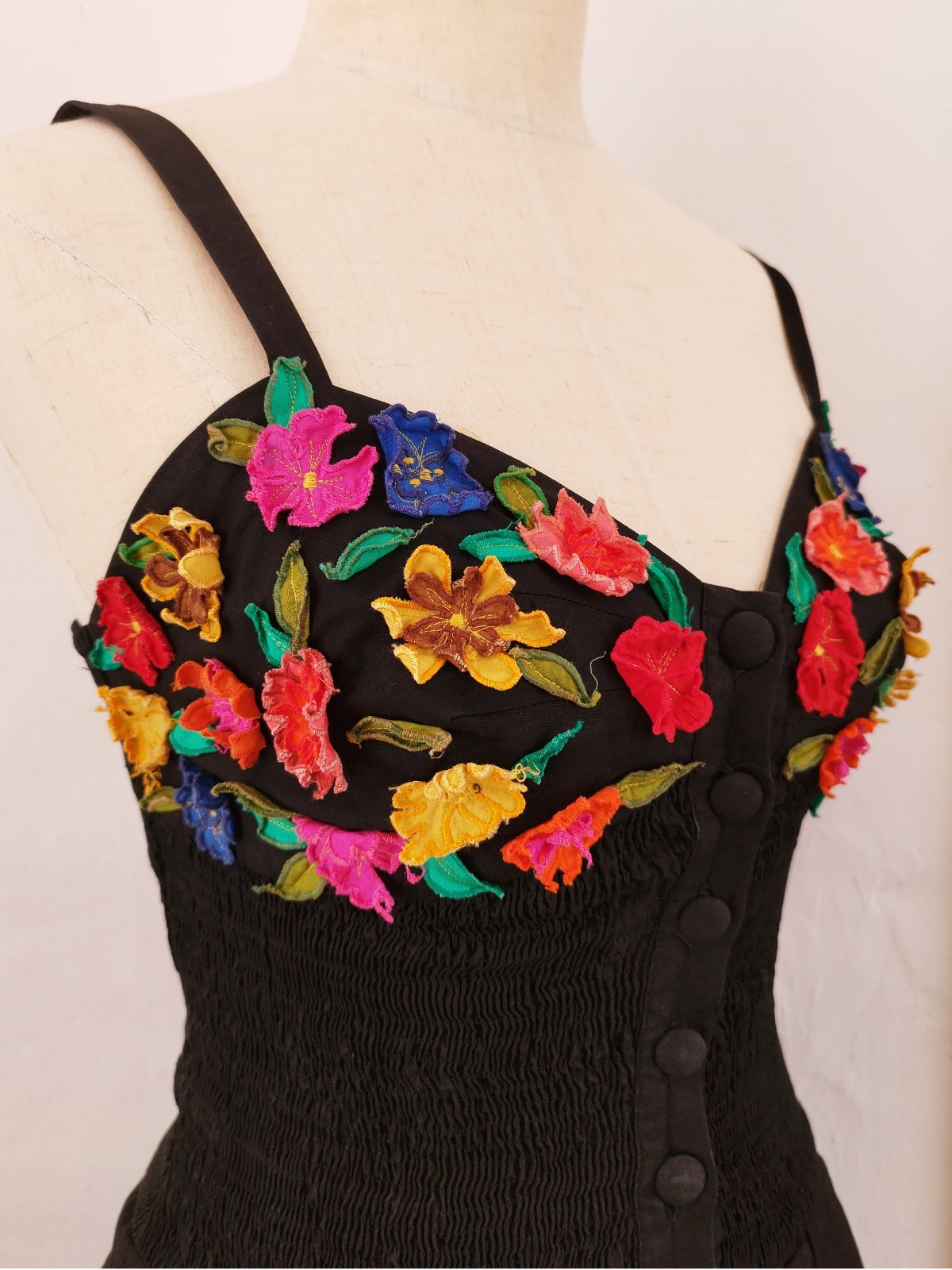 Black Mini Dress with Balloon Skirt and Colorful Flower Applique on the Bustier