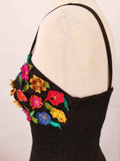 Black Mini Dress with Balloon Skirt and Colorful Flower Applique on the Bustier