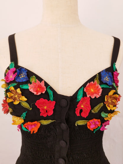 Black Mini Dress with Balloon Skirt and Colorful Flower Applique on the Bustier