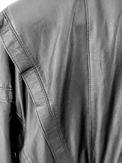 Detail of Vintage Black Leather Jacket with Large Shoulders