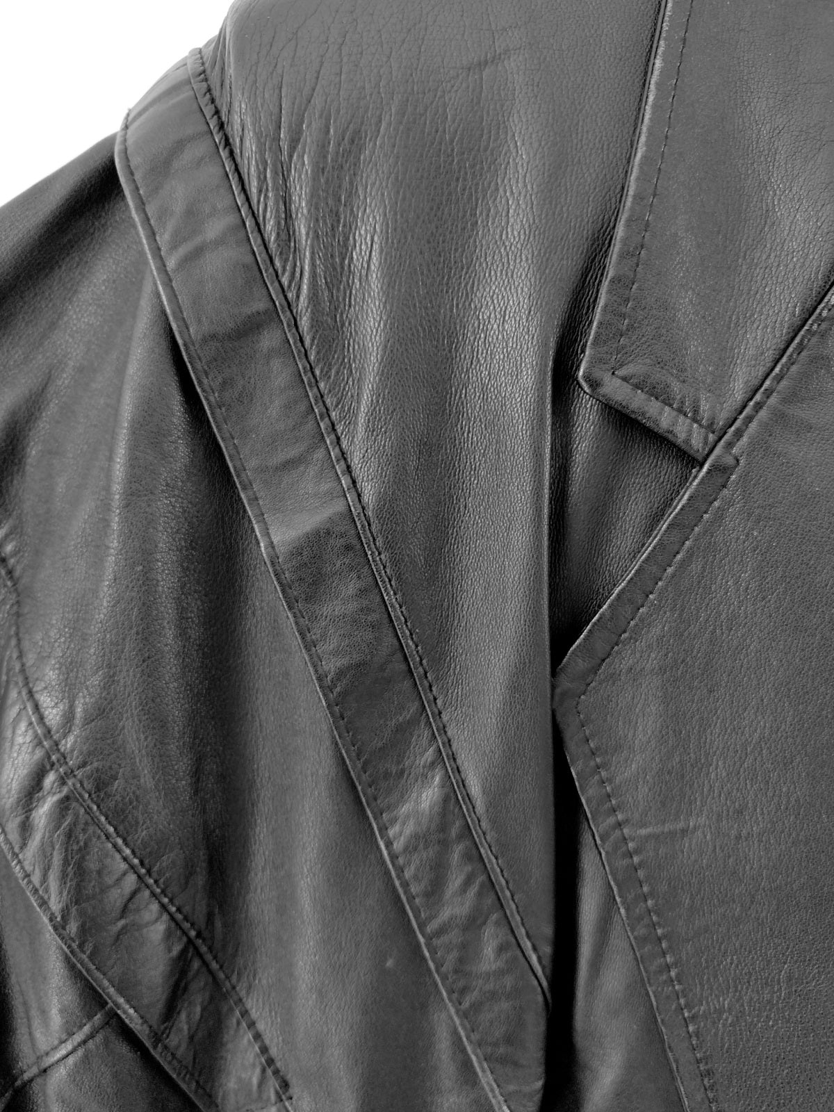 Detail of Vintage Black Leather Jacket with Large Shoulders