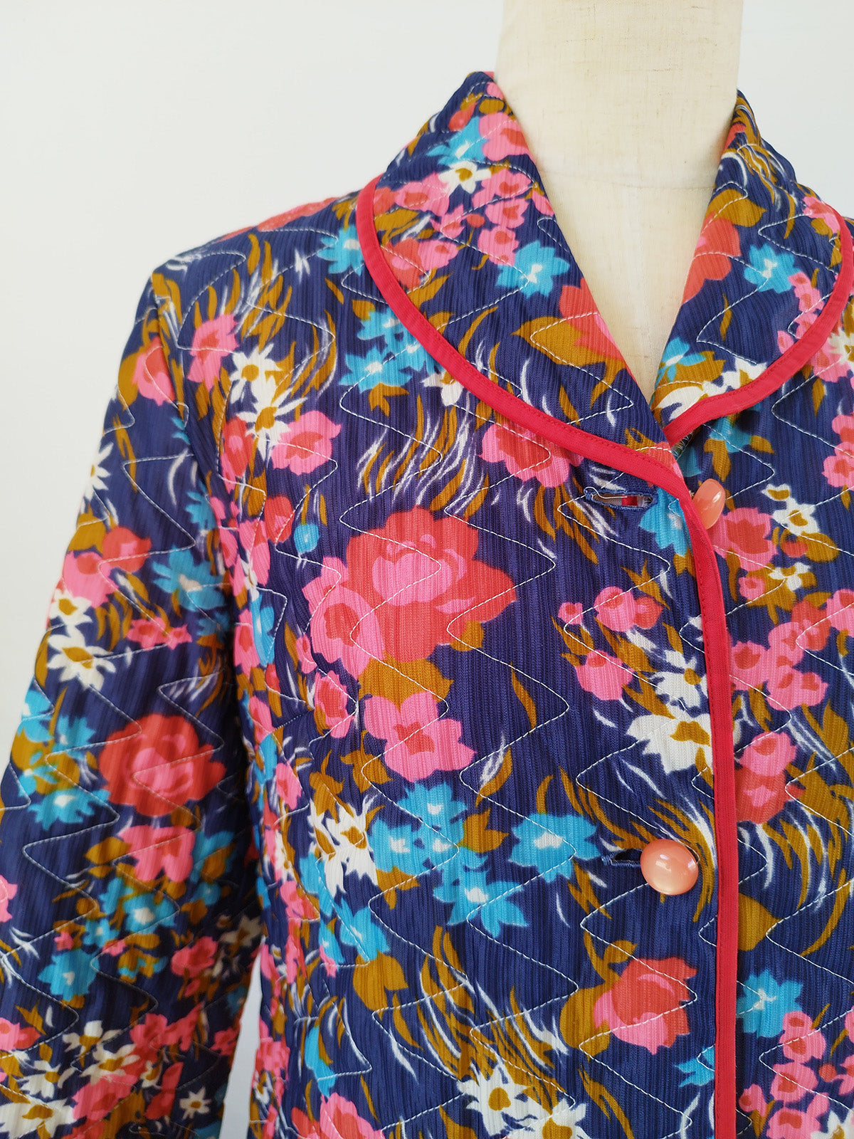 Multicolor Quilted Vintage Home Robe / Coat with Bright Floral Print