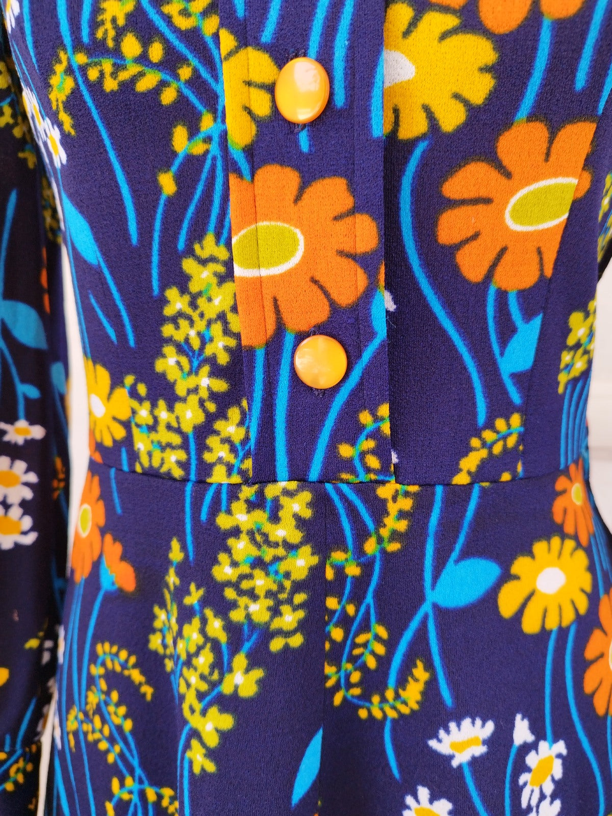 70s Vintage Dark Blue Dress with Bright Flower Print