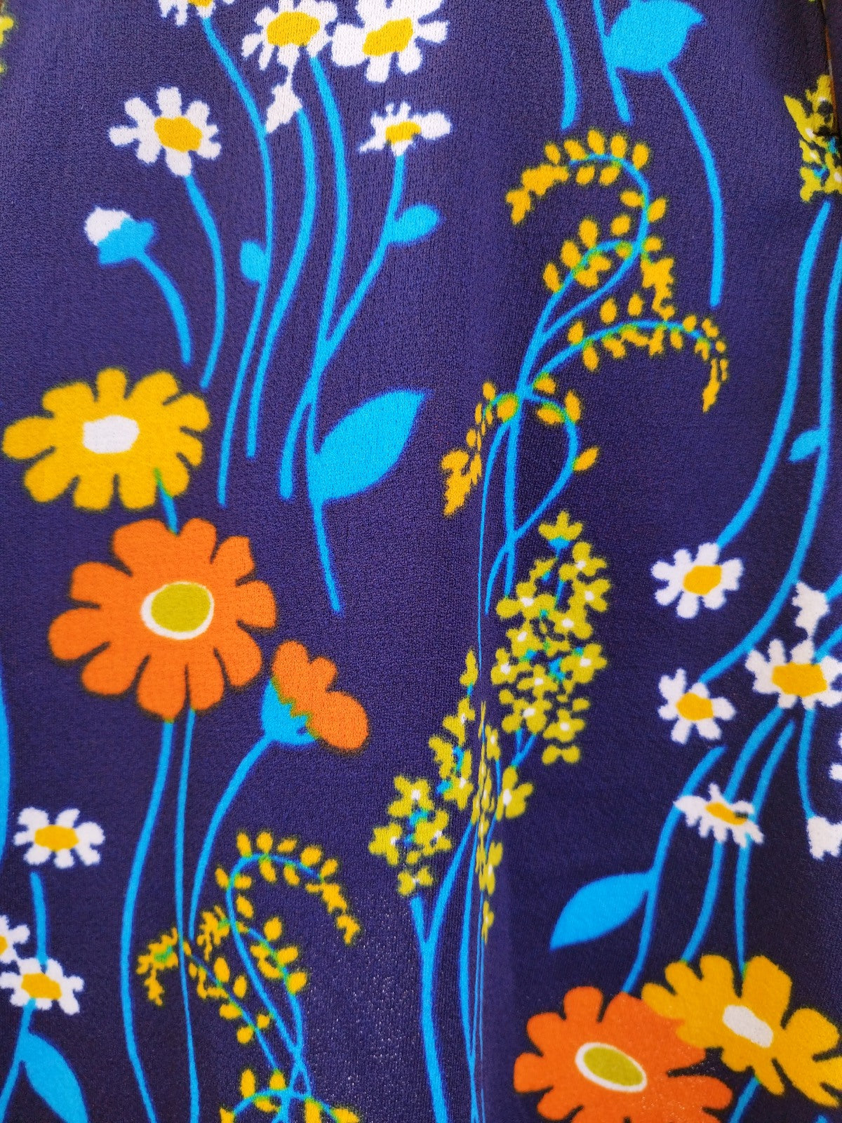 70s Vintage Dark Blue Dress with Bright Flower Print