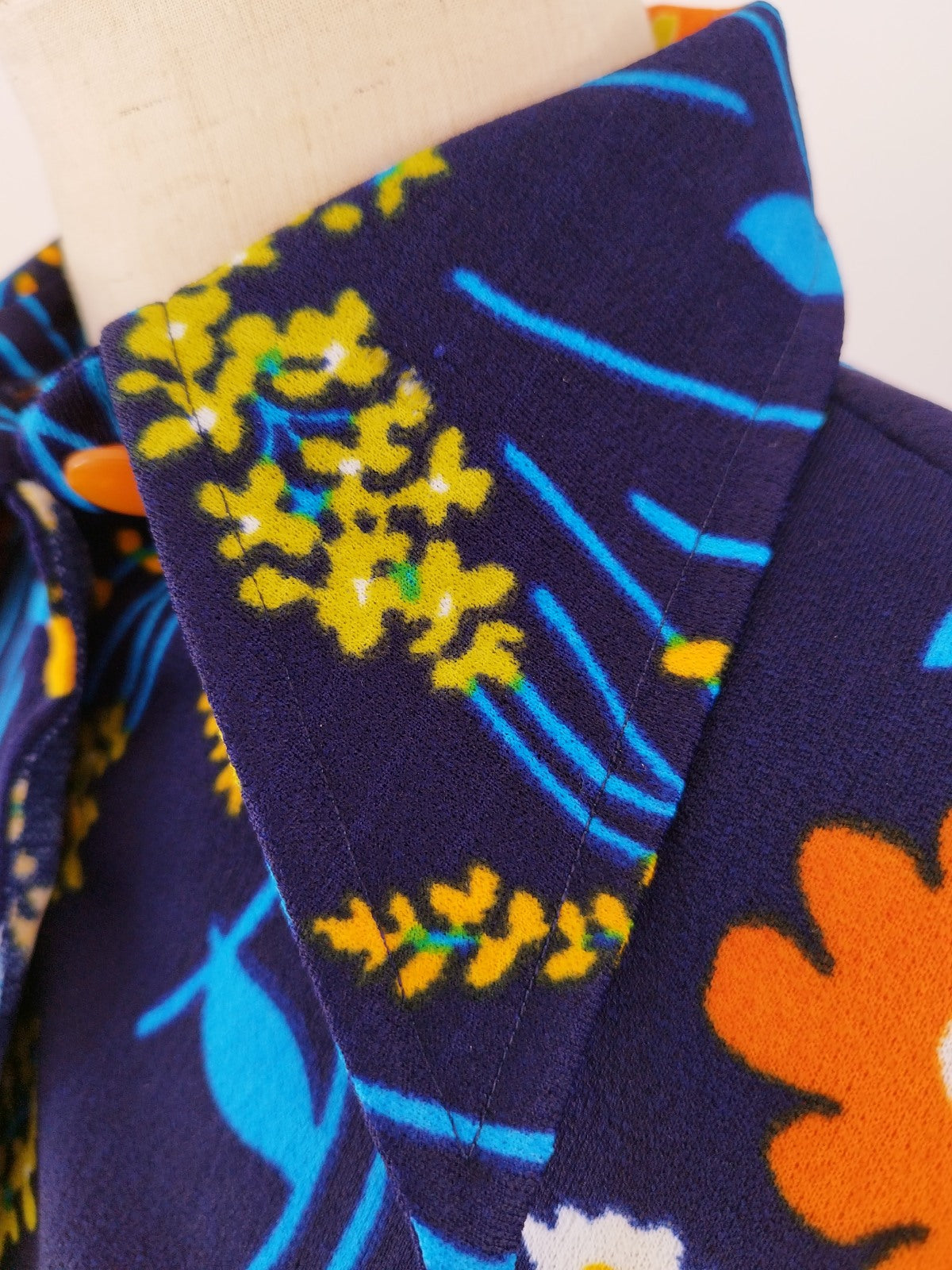 70s Vintage Dark Blue Dress with Bright Flower Print
