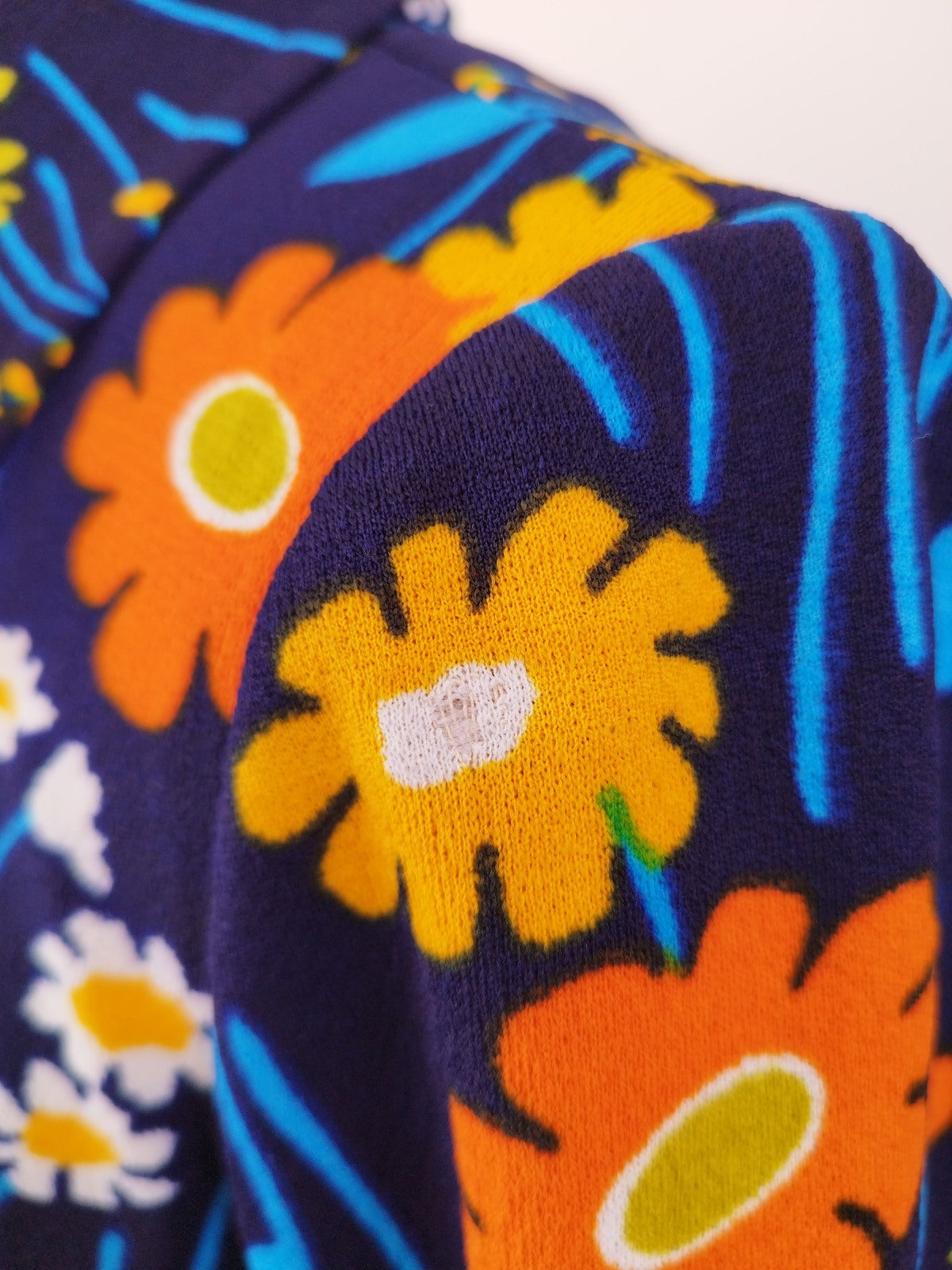 70s Vintage Dark Blue Dress with Bright Flower Print