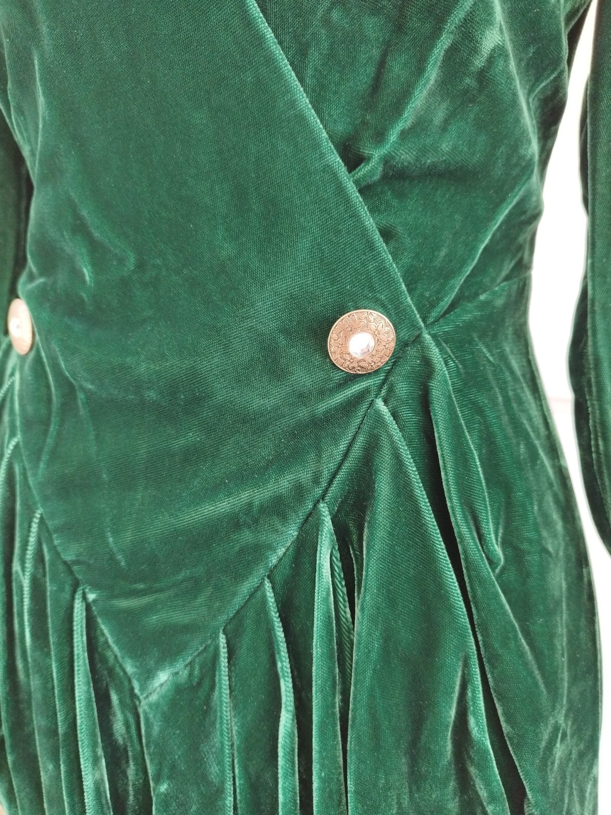 Dark Green Velvet Mini Power Dress with Wrap Cleavage and Long Sleeves