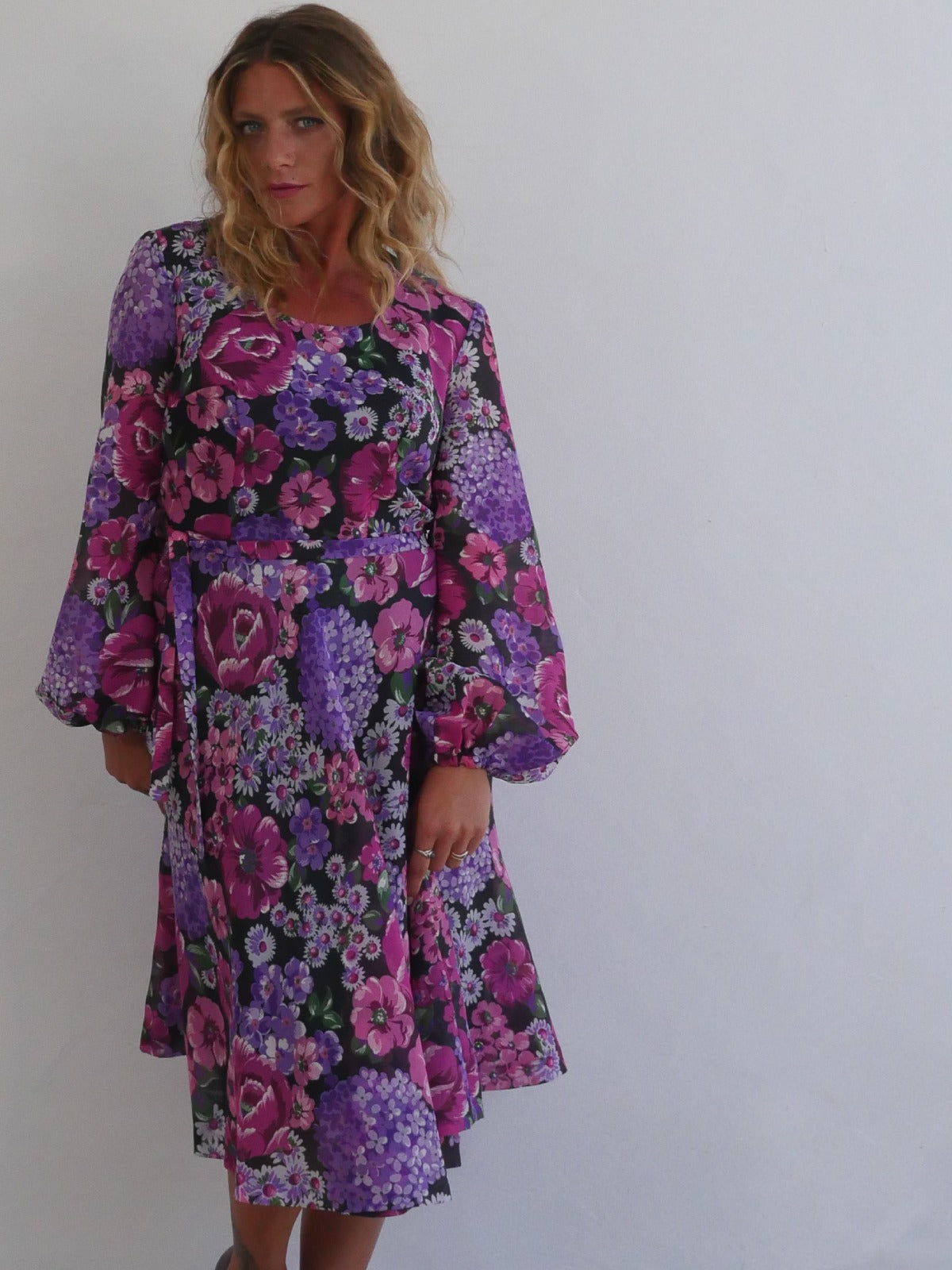 Feminine Midi Dress with A Line Skirt in Purple and Violet Floral Print