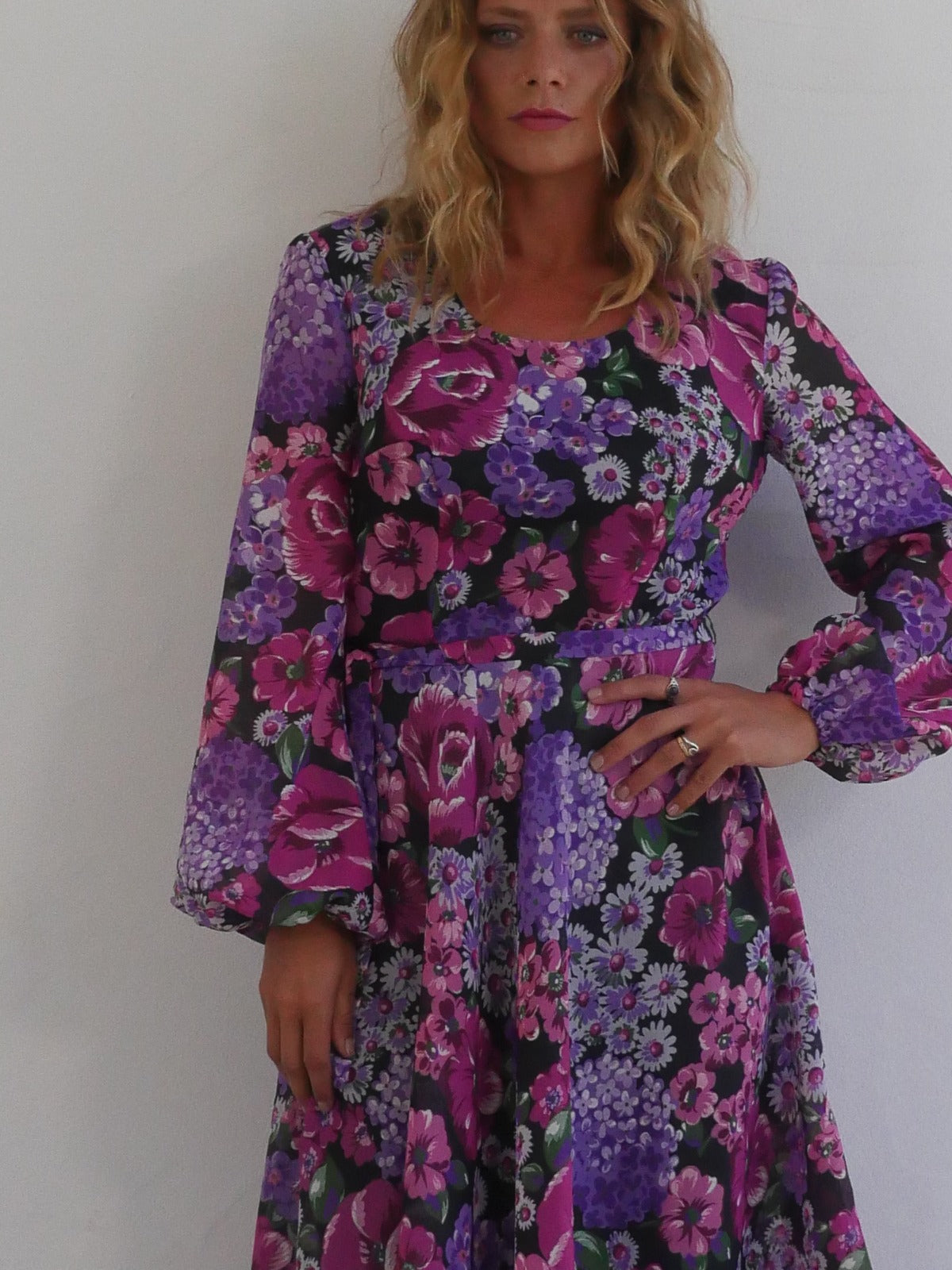 Feminine Midi Dress with A Line Skirt in Purple and Violet Floral Print