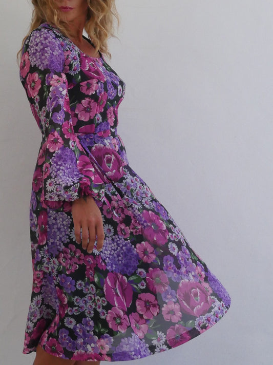 Feminine Midi Dress with A Line Skirt in Purple and Violet Floral Print