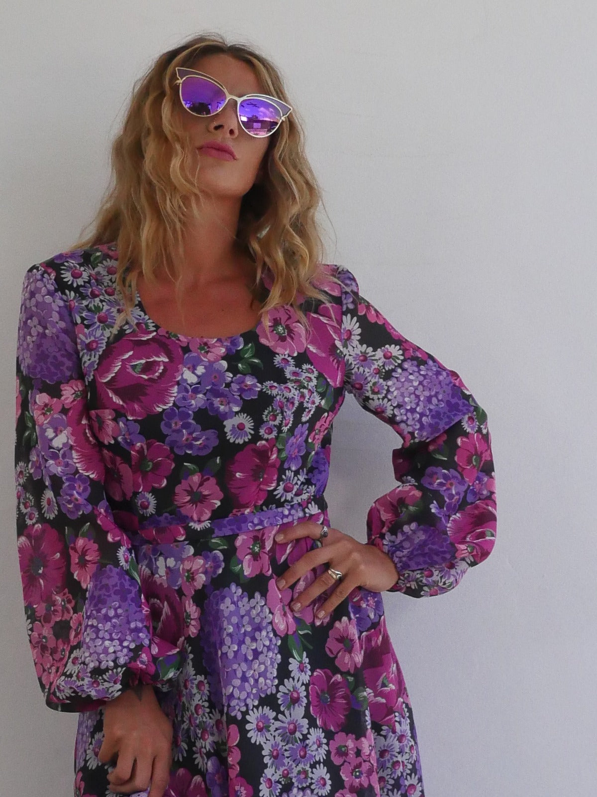 Feminine Midi Dress with A Line Skirt in Purple and Violet Floral Print