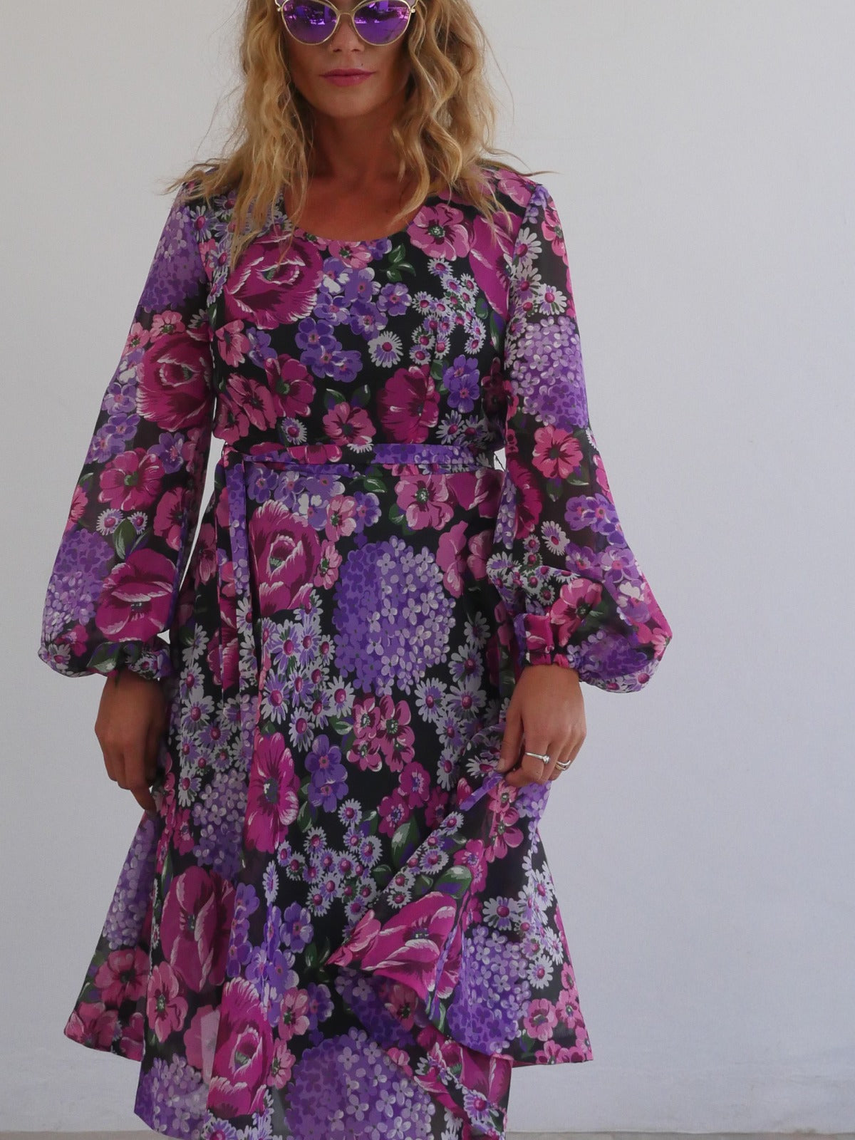 Feminine Midi Dress with A Line Skirt in Purple and Violet Floral Print