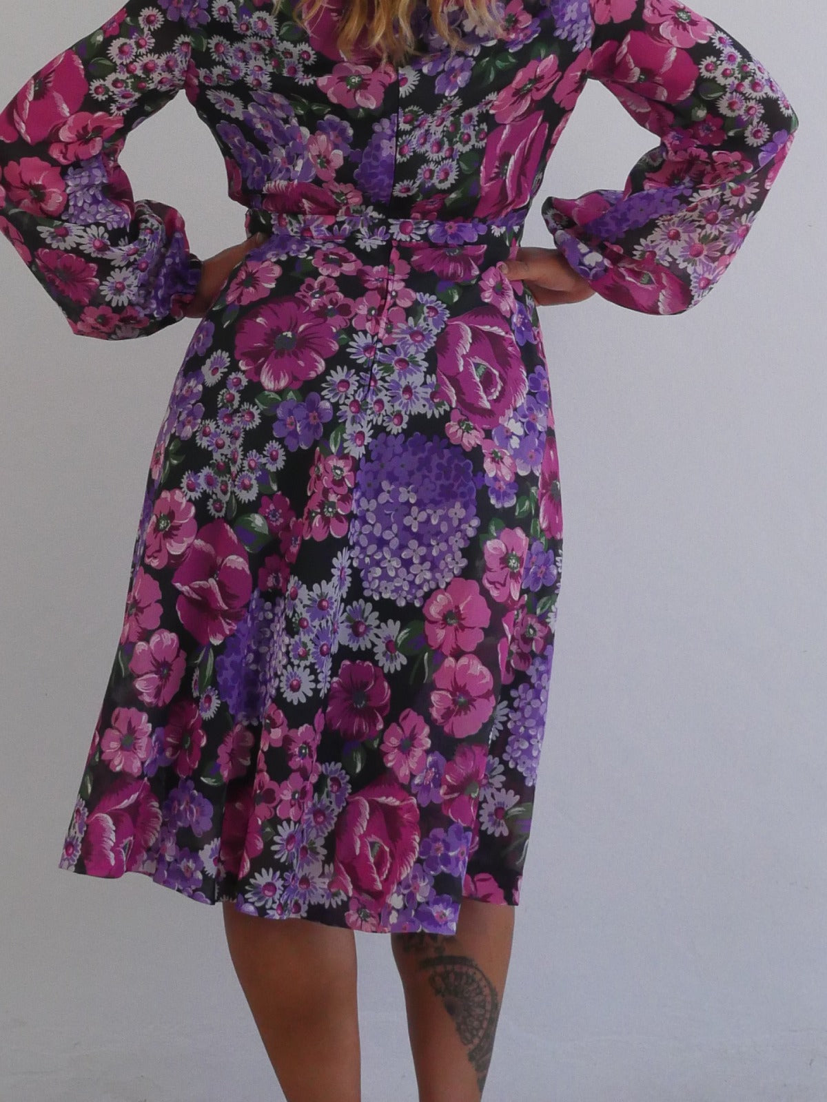 Feminine Midi Dress with A Line Skirt in Purple and Violet Floral Print