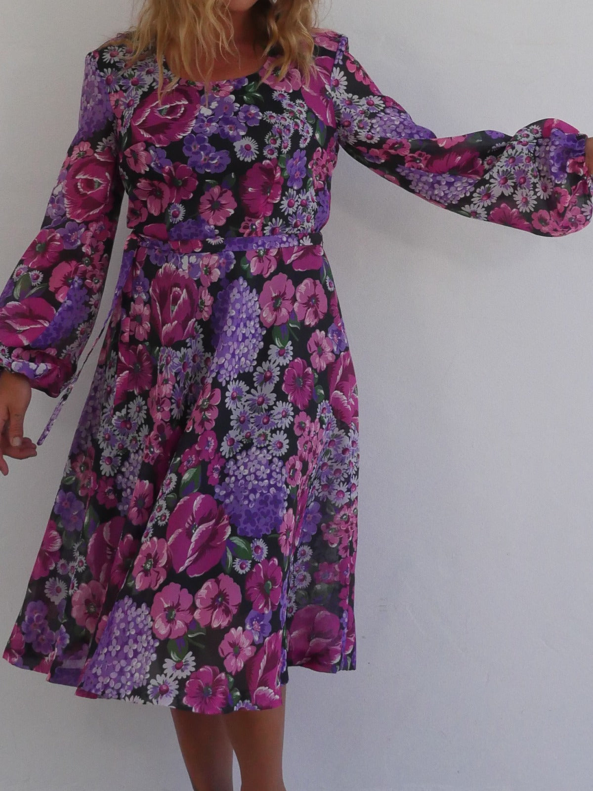 Feminine Midi Dress with A Line Skirt in Purple and Violet Floral Print