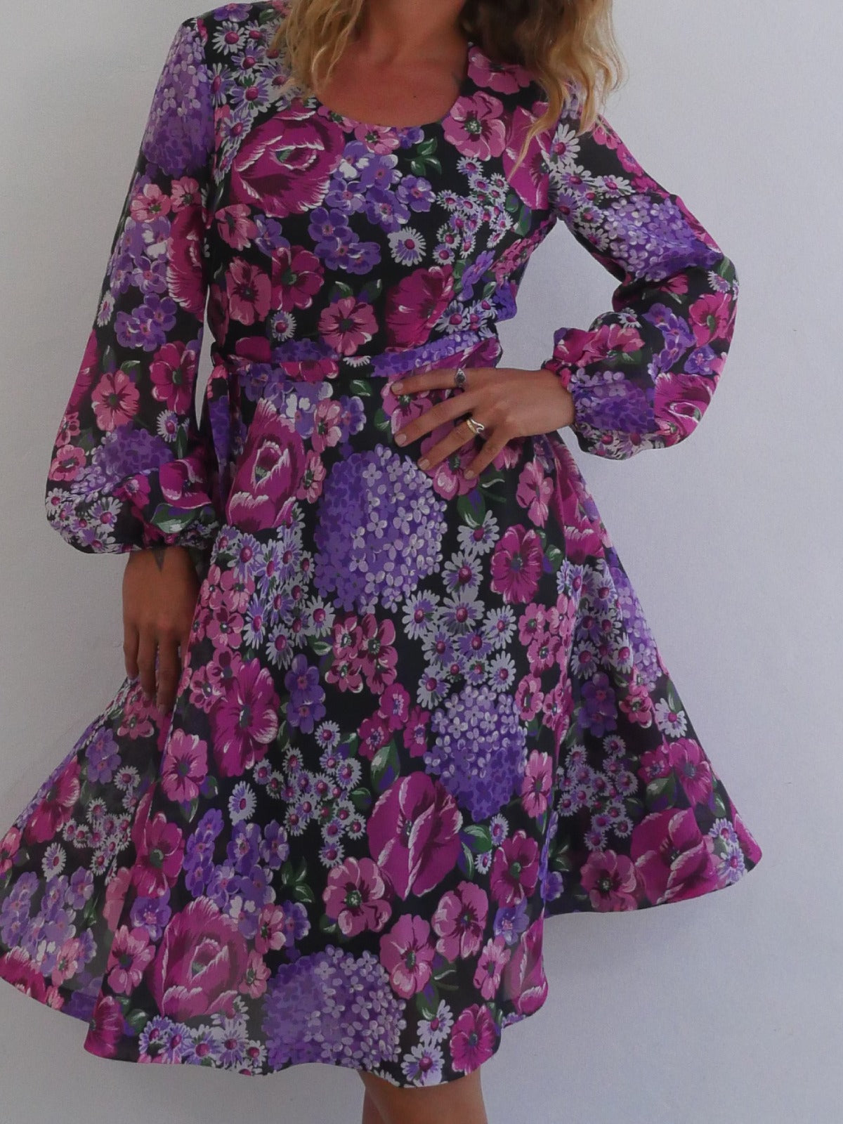 Feminine Midi Dress with A Line Skirt in Purple and Violet Floral Print