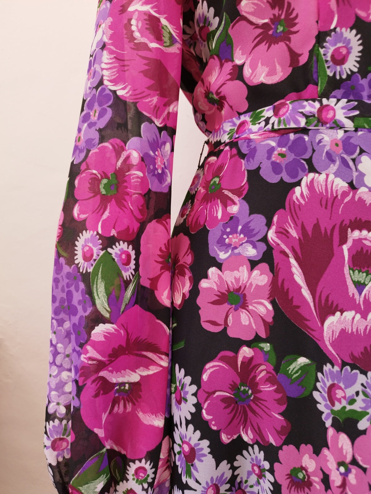 Feminine Midi Dress with A Line Skirt in Purple and Violet Floral Print