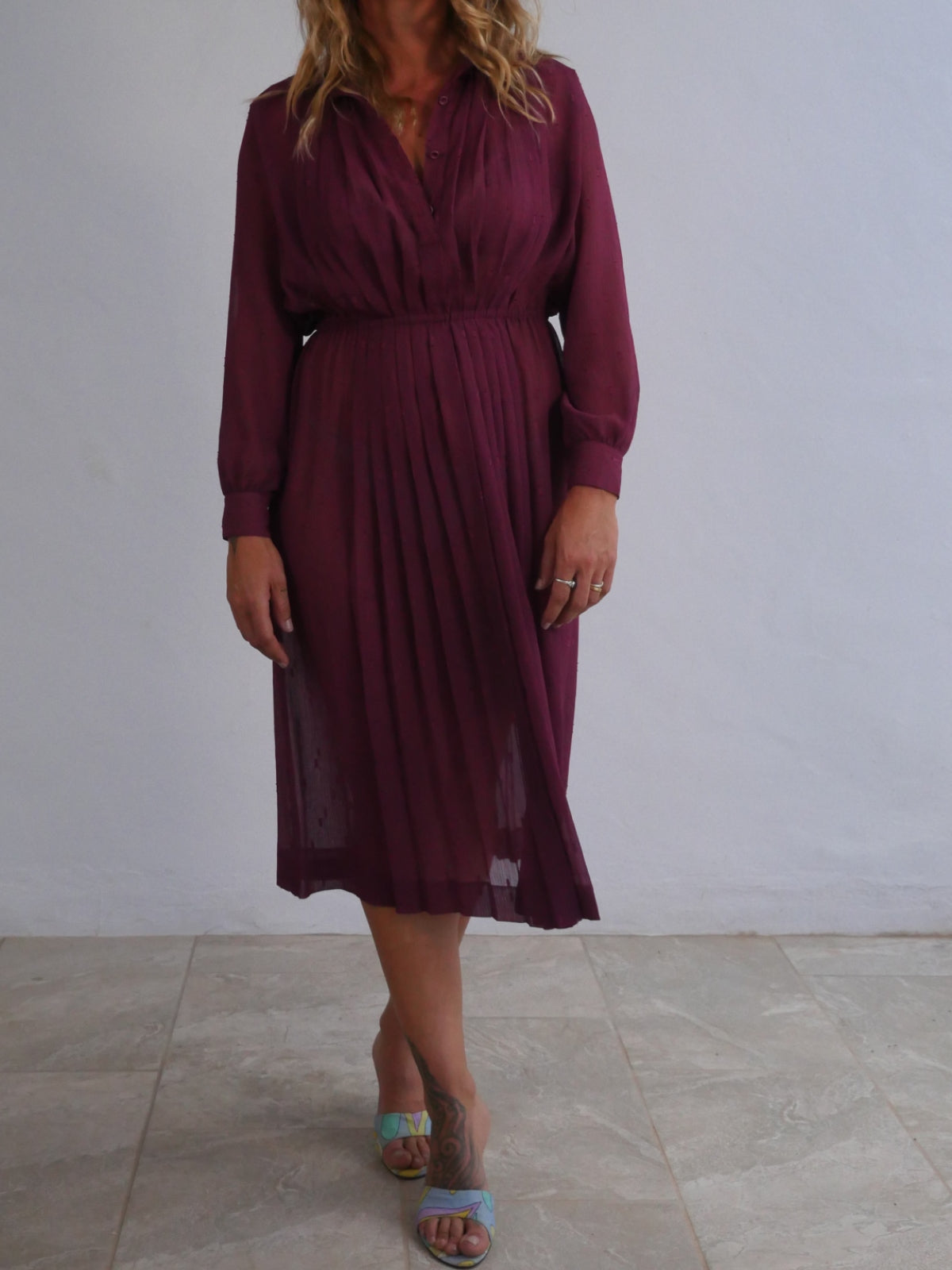 Delicate Japanese Vintage Midi Dress in Sheer Plum Material