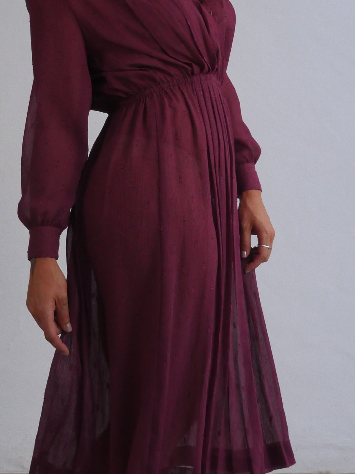 Delicate Japanese Vintage Midi Dress in Sheer Plum Material