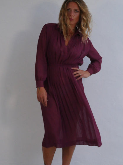 Delicate Japanese Vintage Midi Dress in Sheer Plum Material