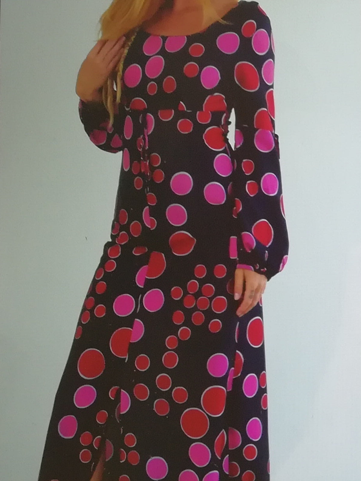 Psychedelic Vintage Long Slim Dress with Pink and Red Bubble Print