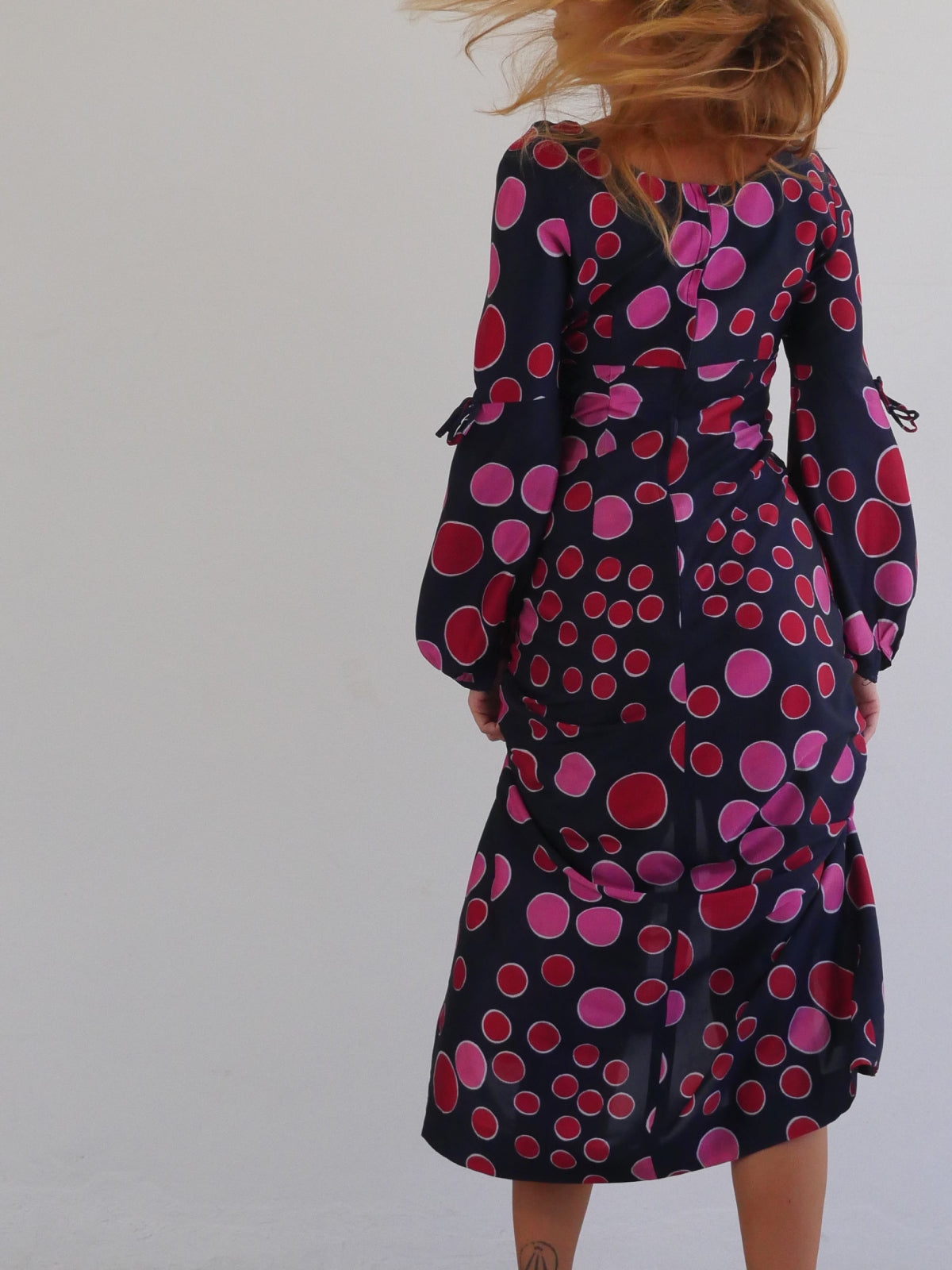 Psychedelic Vintage Long Slim Dress with Pink and Red Bubble Print