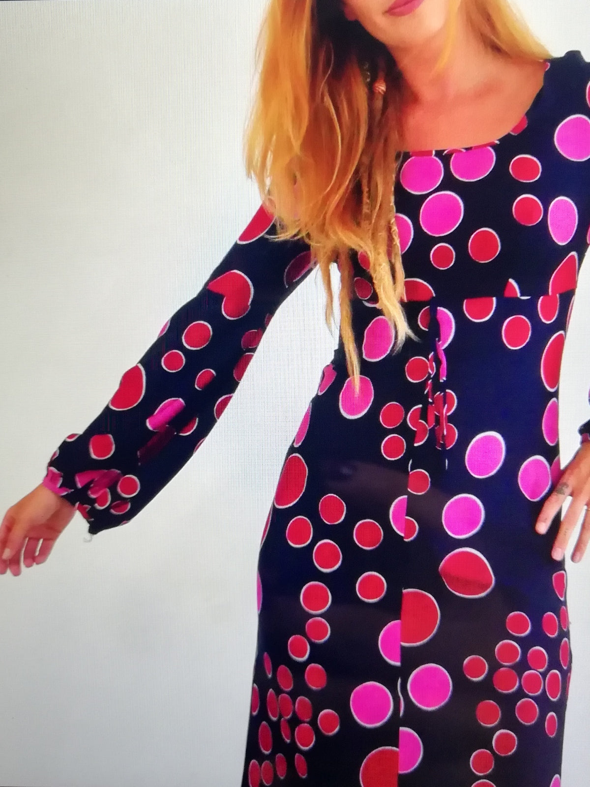 Psychedelic Vintage Long Slim Dress with Pink and Red Bubble Print