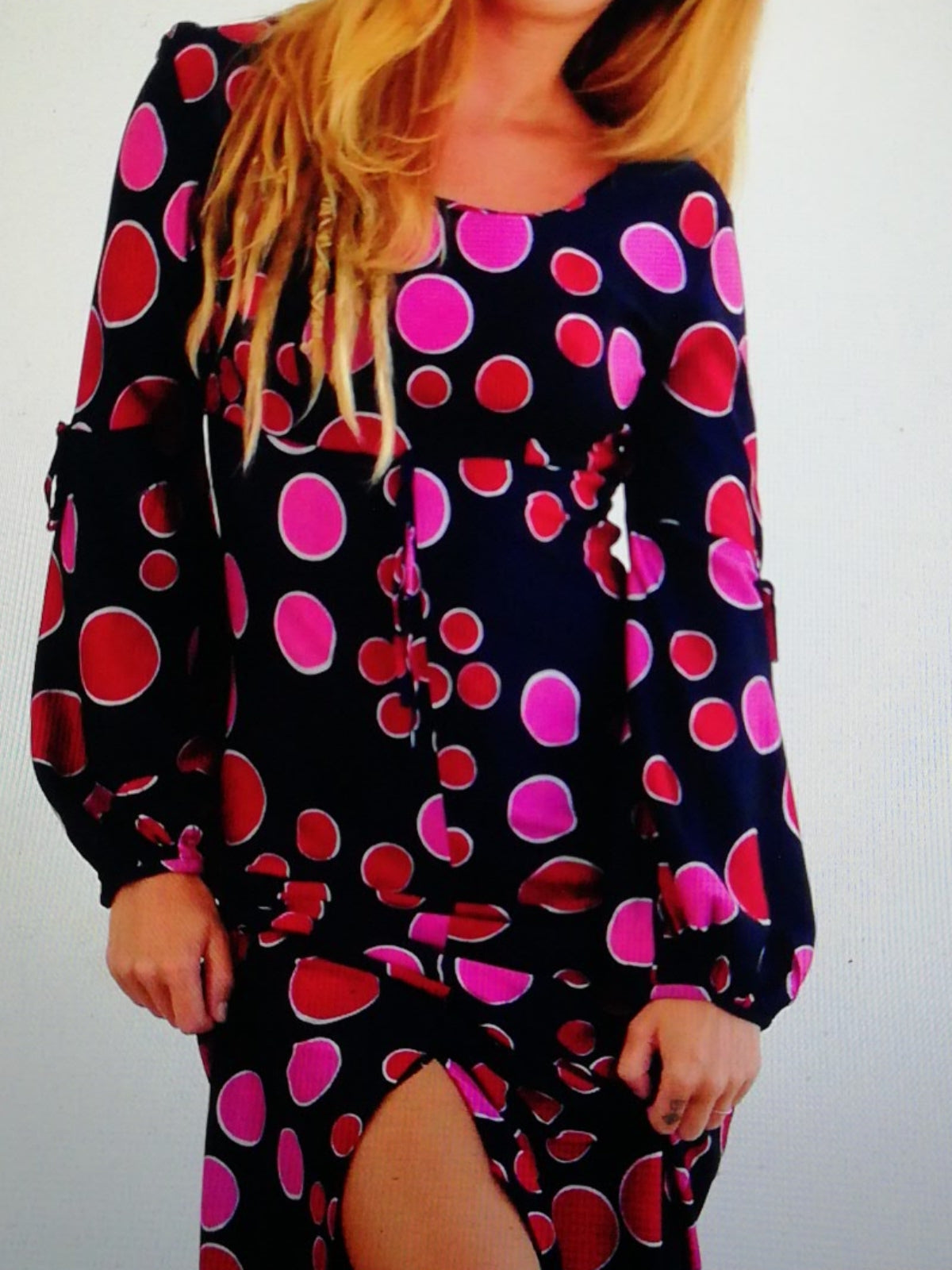 Psychedelic Vintage Long Slim Dress with Pink and Red Bubble Print