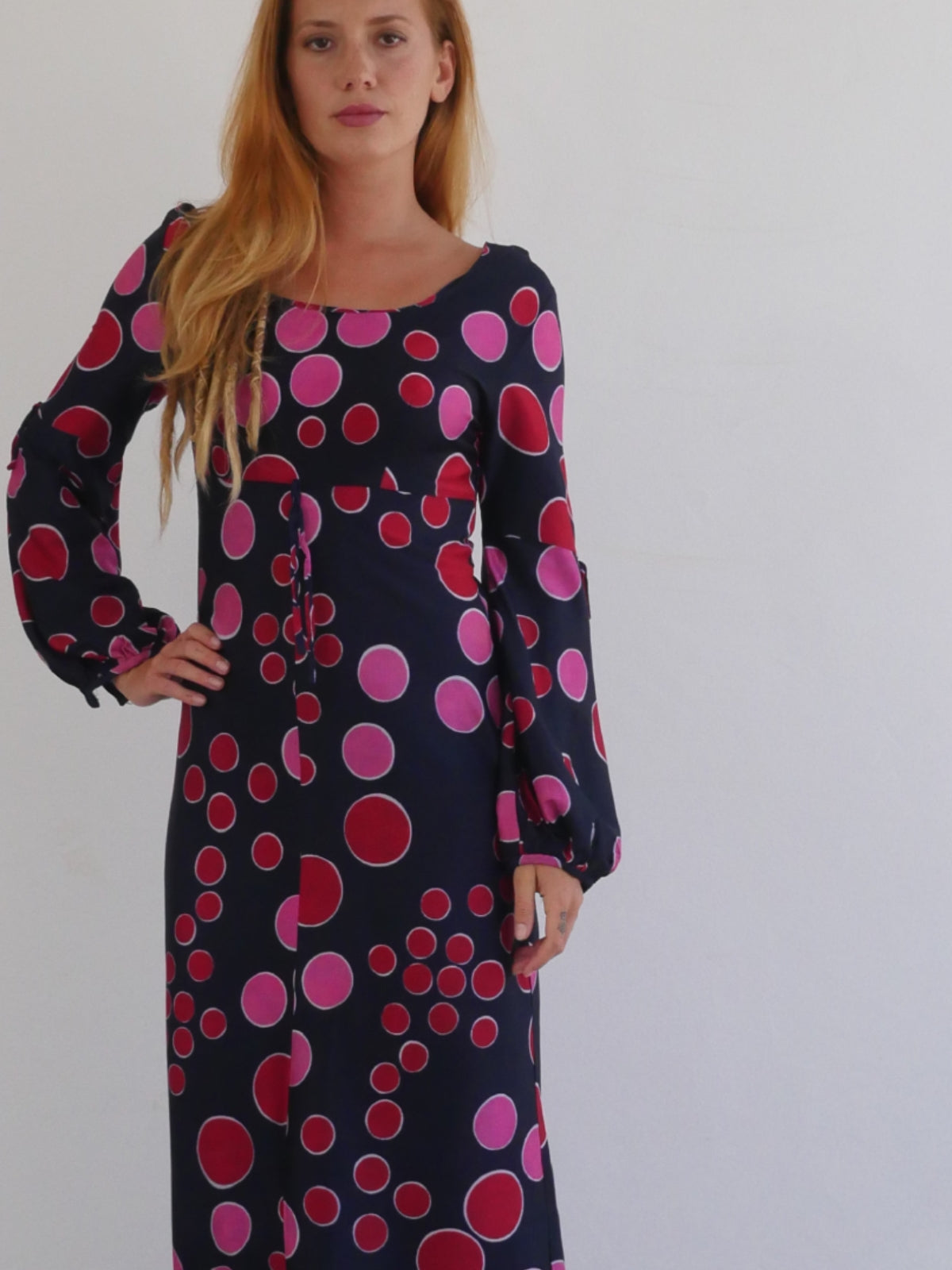 Psychedelic Vintage Long Slim Dress with Pink and Red Bubble Print