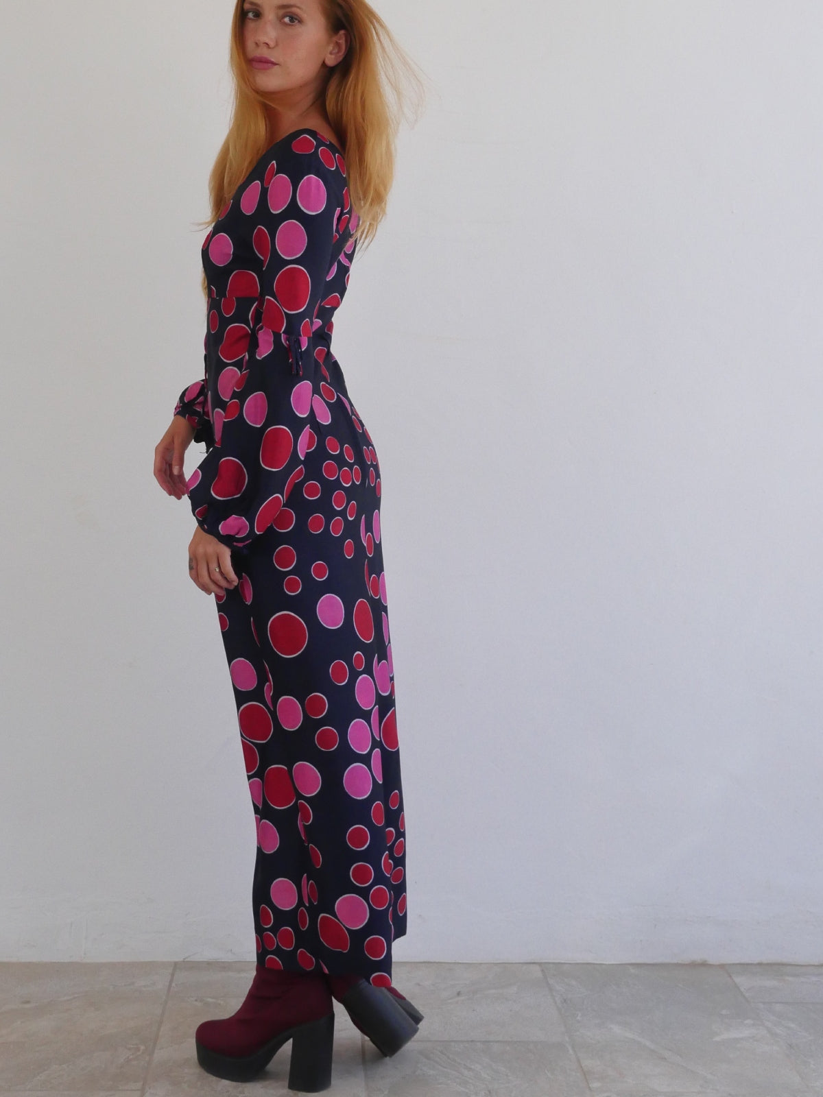 Psychedelic Vintage Long Slim Dress with Pink and Red Bubble Print