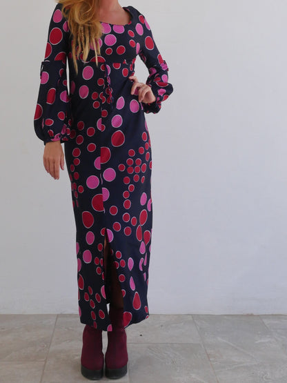 Psychedelic Vintage Long Slim Dress with Pink and Red Bubble Print